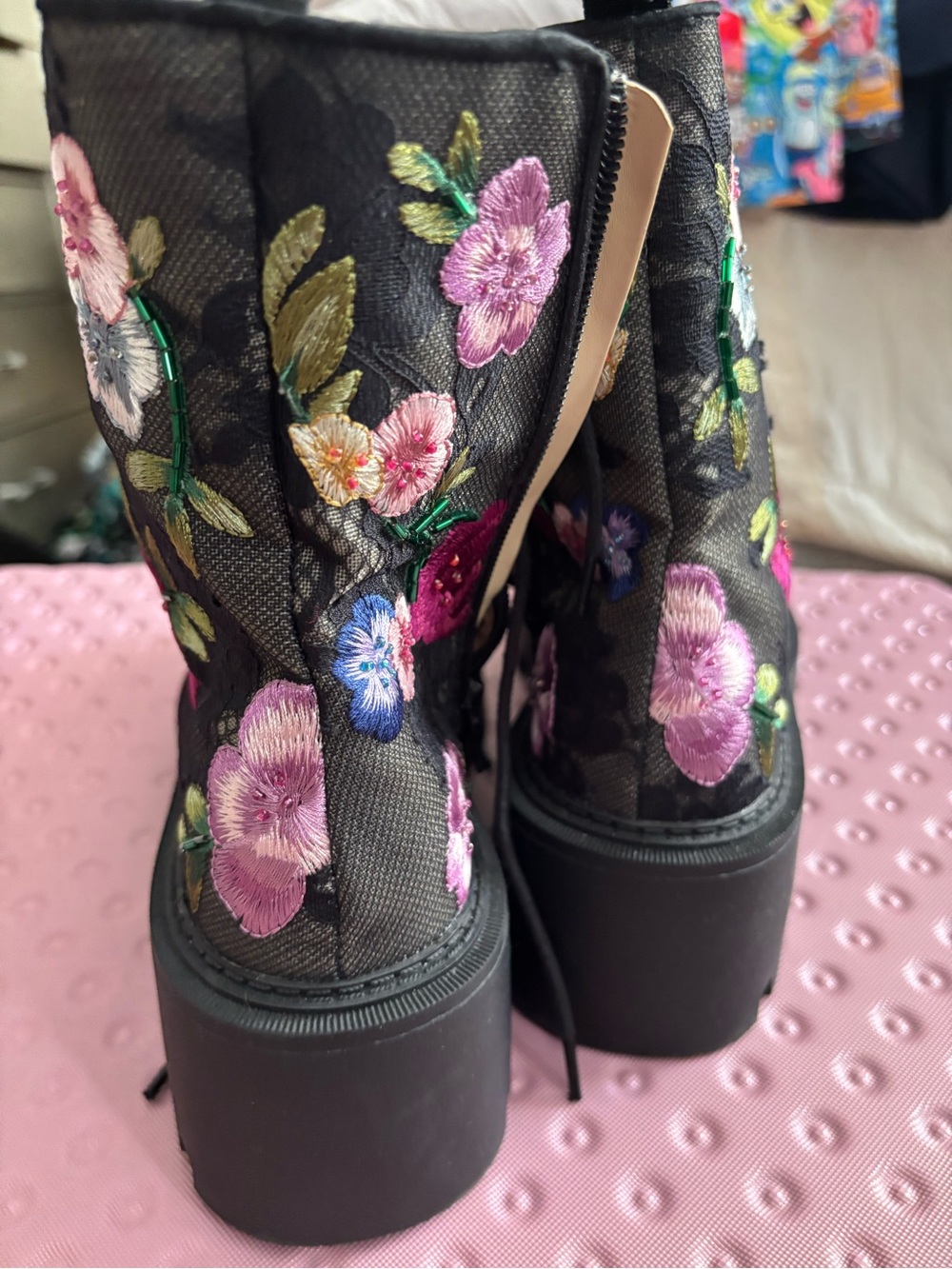 Betsey Johnson Black Lace-Up Floral Embroidered Combat Boots - Picture 3 of 5